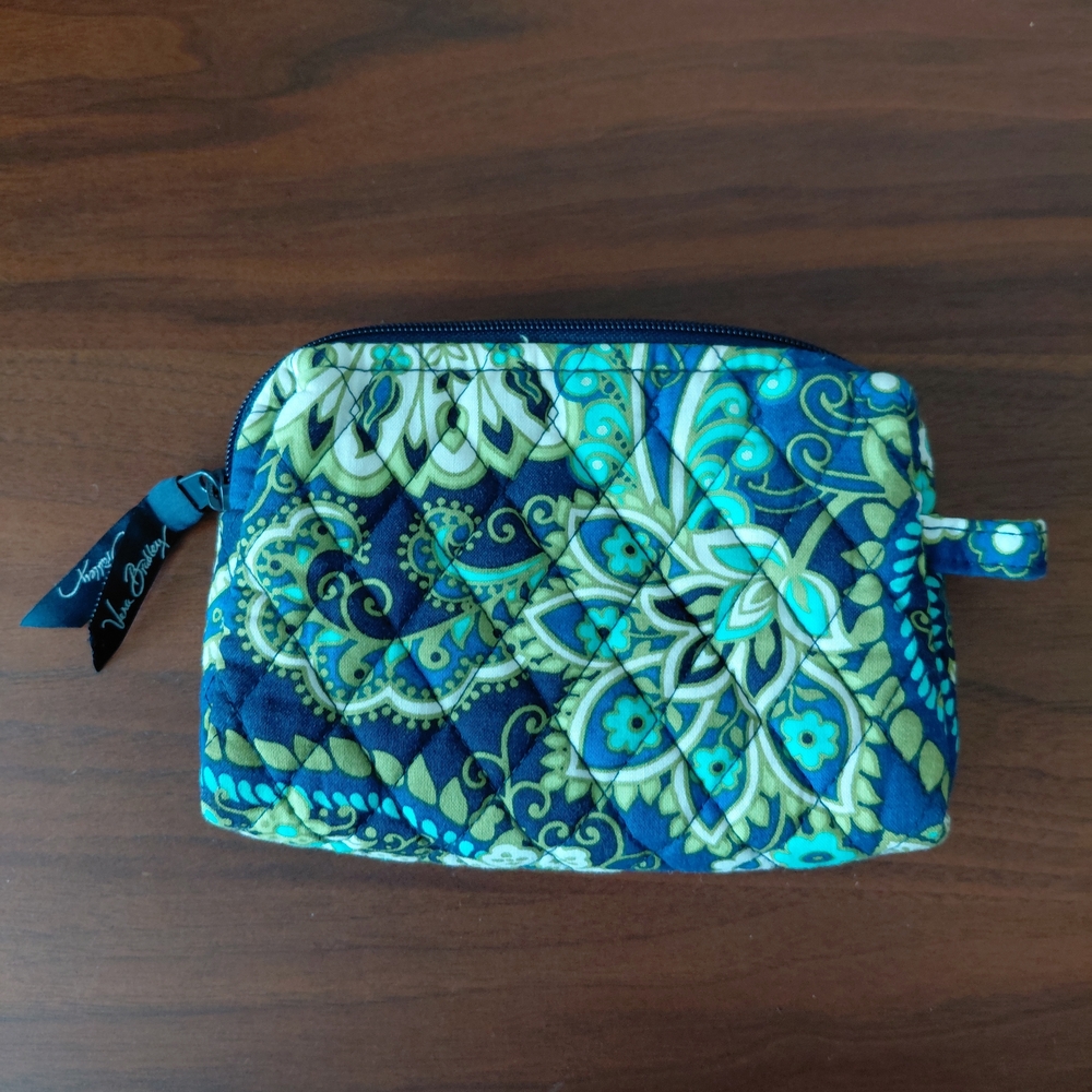 Quilted Floral Cosmetic Pouch in Teal and Navy